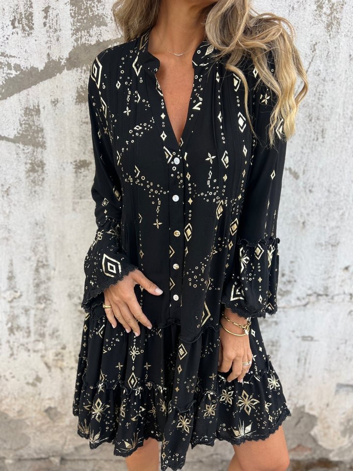 Elfriede | Damen Boho Stufenkleid V-Ausschnitt Dreiviertel-Ärmel