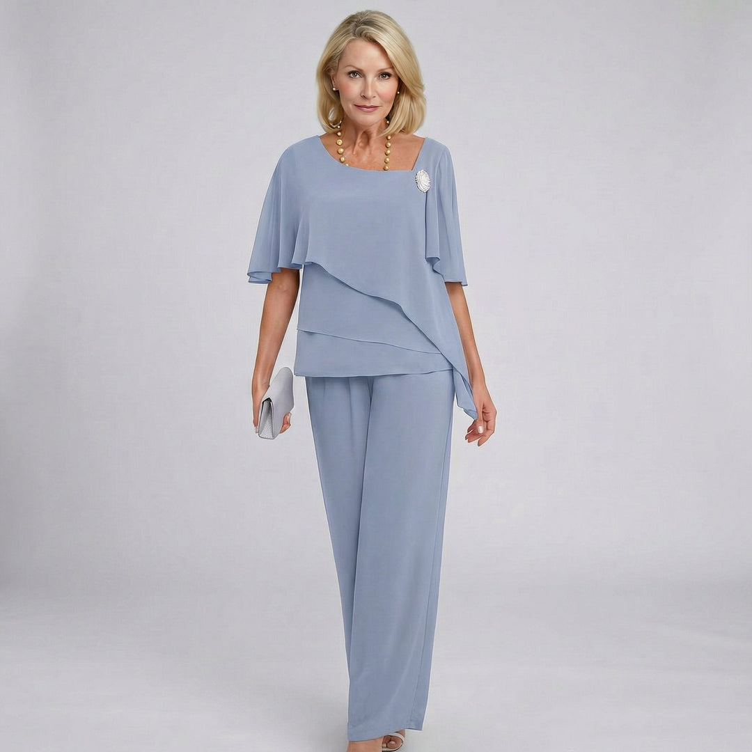 Marlene | Damen Chiffon Cape-Ärmel Two-Piece Set mit weiten Beinen
