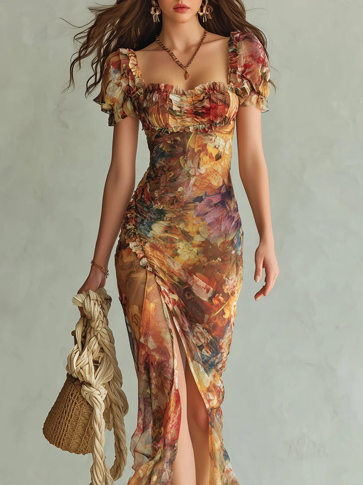 Frieda | Damen Chiffon Maxi-Kleid Herzausschnitt Rüschen Blumenmuster