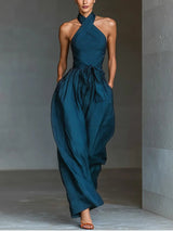 Annika | Damen Cross-Halter Leinen Jumpsuit mit weitem Bein