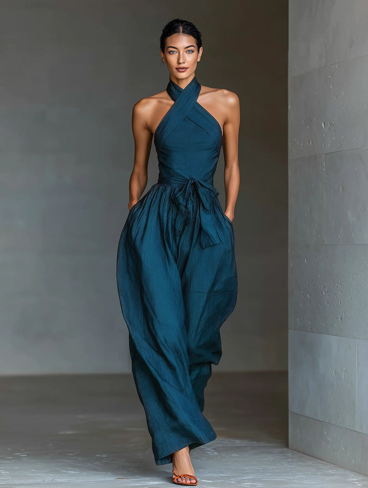 Annika | Damen Cross-Halter Leinen Jumpsuit mit weitem Bein