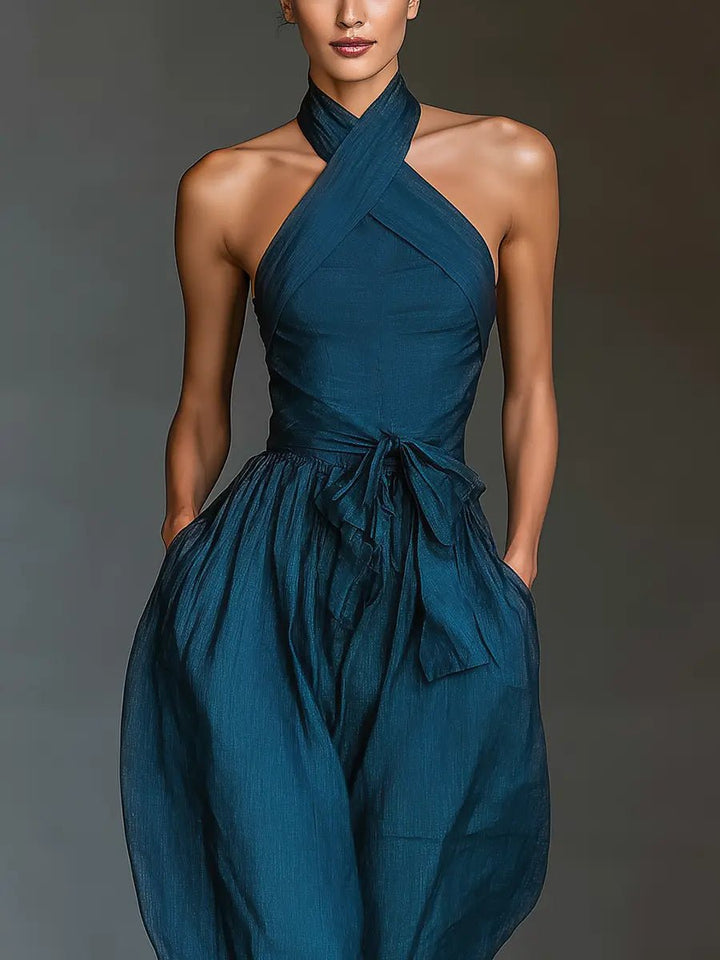 Annika | Damen Cross-Halter Leinen Jumpsuit mit weitem Bein