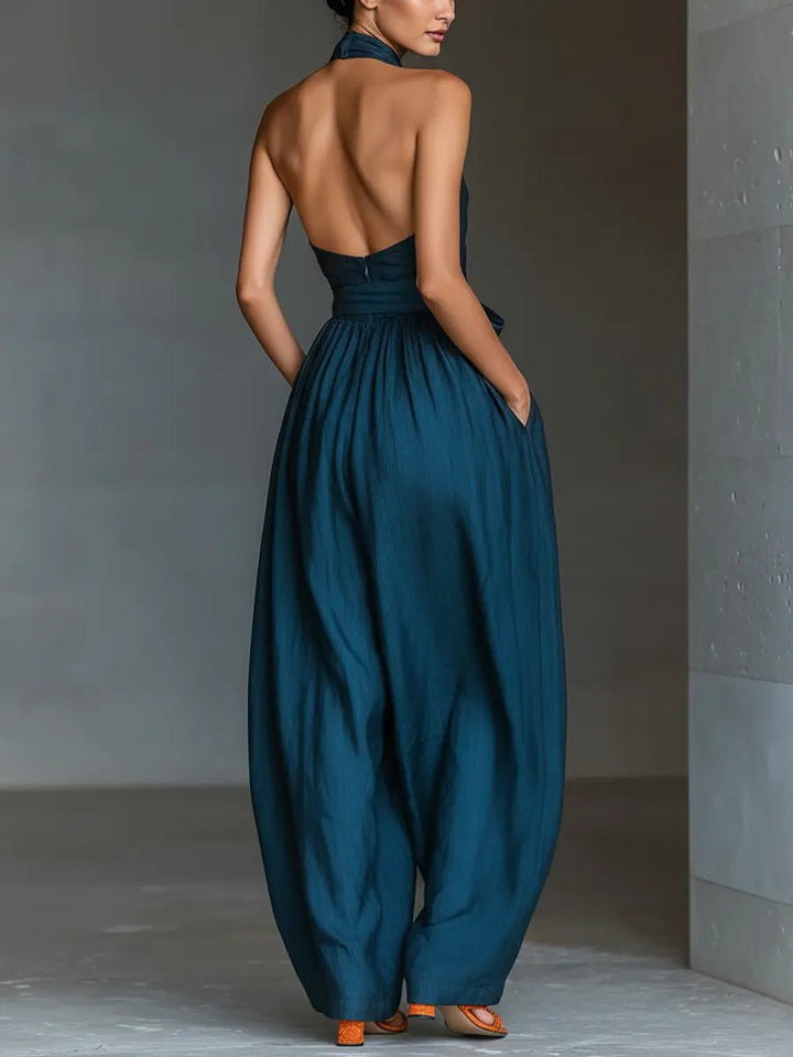 Annika | Damen Cross-Halter Leinen Jumpsuit mit weitem Bein