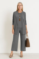 Marlene | Damen Dreiteiliges Longline-Cardigan Tank-Top Weite Hosen Set