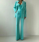 Marlene | Damen Dreiteiliges Mintgrünes Blazer-Set Korsett-Top Schlaghose