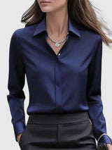 Frieda | Damen Elegante Satin Business-Bluse Versteckte Knopfleiste