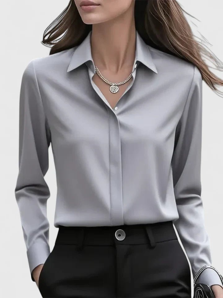 Frieda | Damen Elegante Satin Business-Bluse Versteckte Knopfleiste