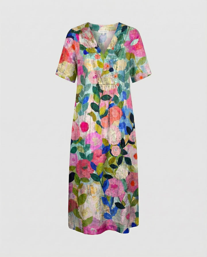 Hannah | Damen Entspanntes Leinen-Midi-Kleid V-Ausschnitt Kurzarm