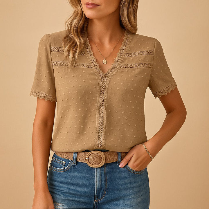 Marlene | Damen Gepunktete Spitzen Kurzarm V-Ausschnitt Bluse