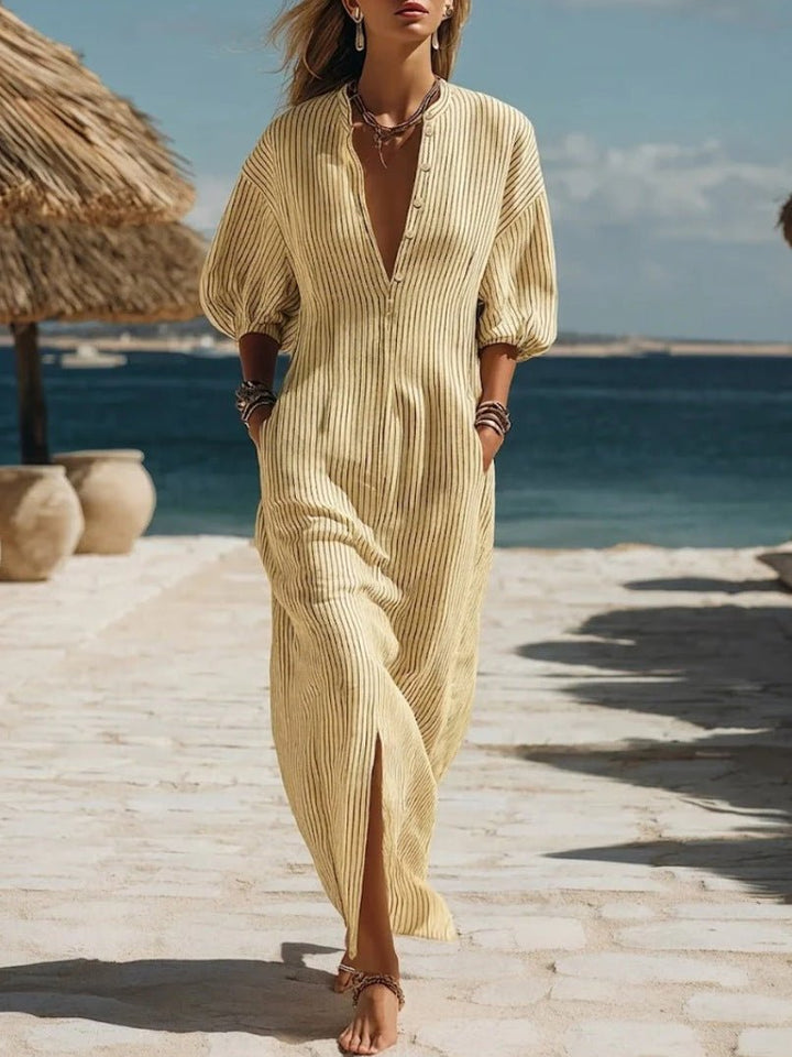 Mia | Damen Gestreiftes Knopfleisten Dreiviertelarm Midi-Kleid