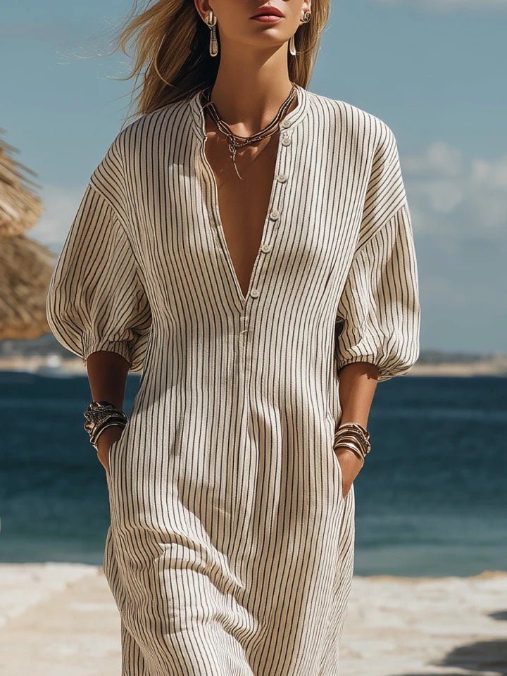 Mia | Damen Gestreiftes Knopfleisten Dreiviertelarm Midi-Kleid