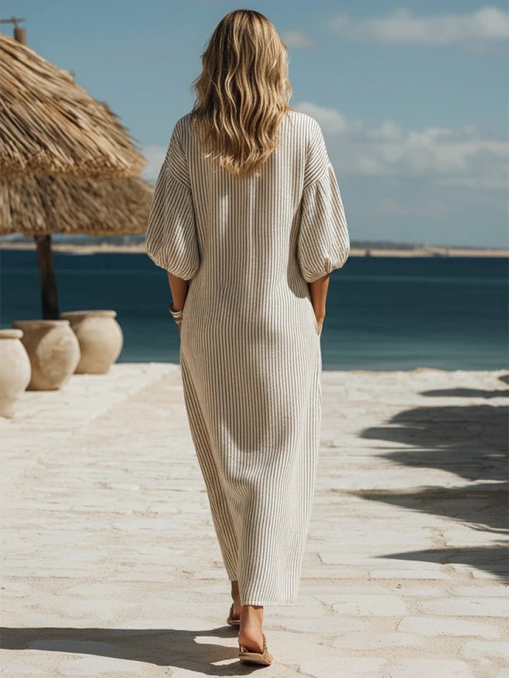 Mia | Damen Gestreiftes Knopfleisten Dreiviertelarm Midi-Kleid