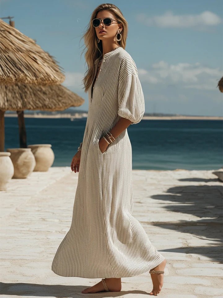 Mia | Damen Gestreiftes Knopfleisten Dreiviertelarm Midi-Kleid
