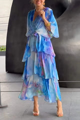 Lena | Damen Gestufte Chiffon Maxikleid Langarm V-Ausschnitt
