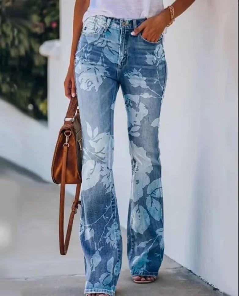 Lena | Damen High-Waist Blumenmuster Schlaghose Jeans