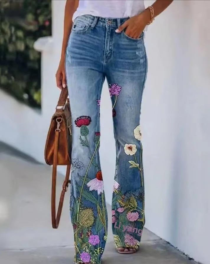 Lena | Damen High-Waist Blumenmuster Schlaghose Jeans