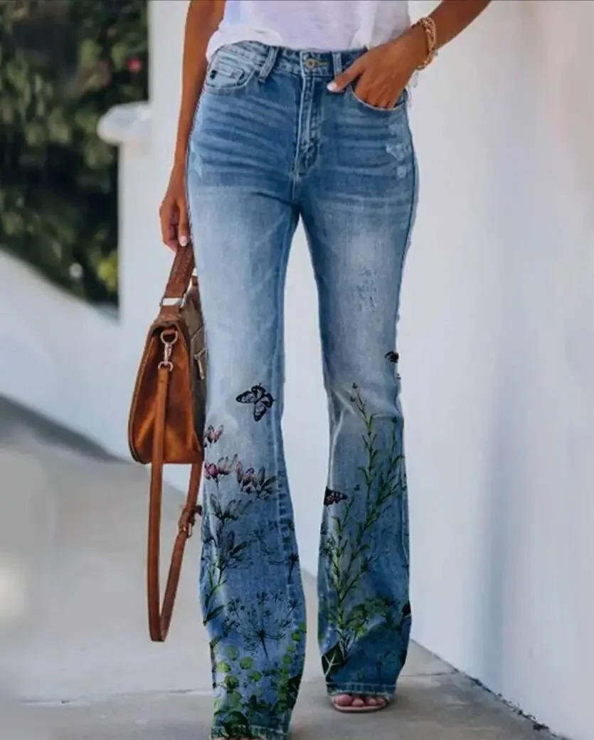 Lena | Damen High-Waist Blumenmuster Schlaghose Jeans