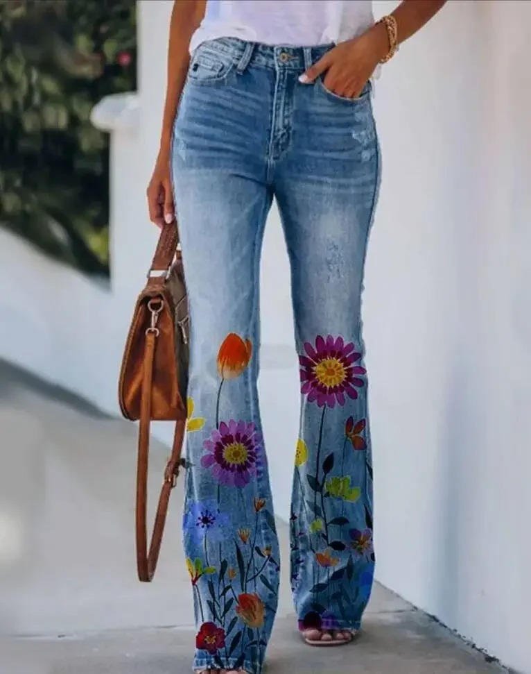 Lena | Damen High-Waist Blumenmuster Schlaghose Jeans