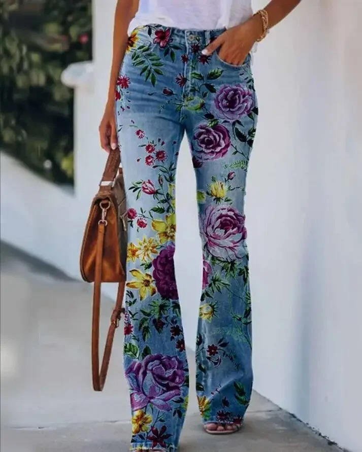Lena | Damen High-Waist Blumenmuster Schlaghose Jeans