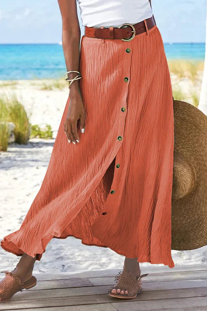 Frieda | Damen High-Waist Knopfleiste Maxi Rock Leinenoptik