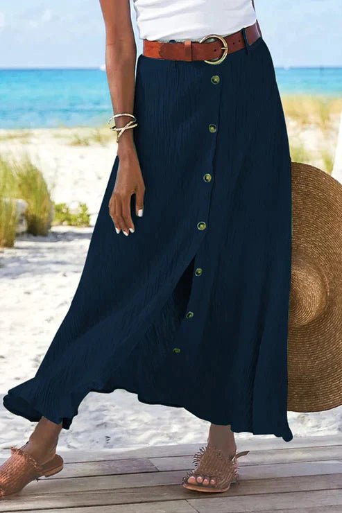 Frieda | Damen High-Waist Knopfleiste Maxi Rock Leinenoptik