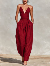 Clara | Damen High-Waist Leinen Wide-Leg Spaghetti-Träger Jumpsuit