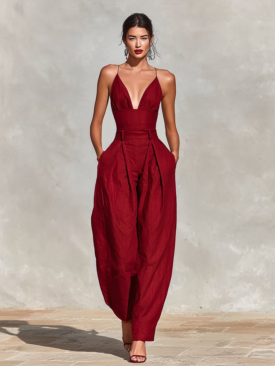 Clara | Damen High-Waist Leinen Wide-Leg Spaghetti-Träger Jumpsuit