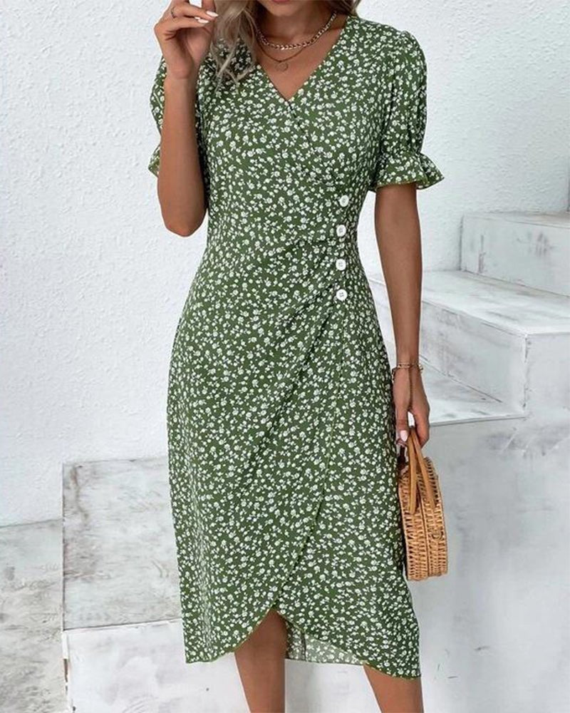 Sophie | Damen Kurzarm Midi Wickelkleid mit V-Ausschnitt und Knöpfen