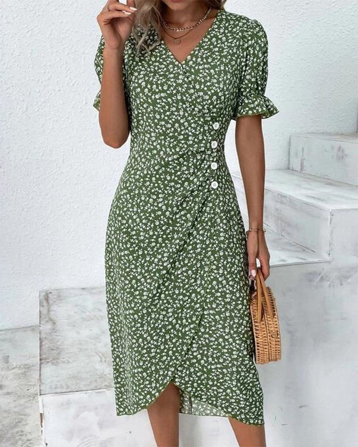 Sophie | Damen Kurzarm Midi Wickelkleid mit V-Ausschnitt und Knöpfen