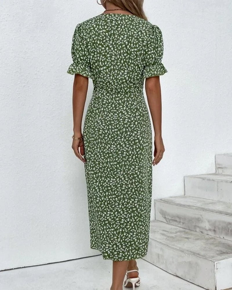 Sophie | Damen Kurzarm Midi Wickelkleid mit V-Ausschnitt und Knöpfen