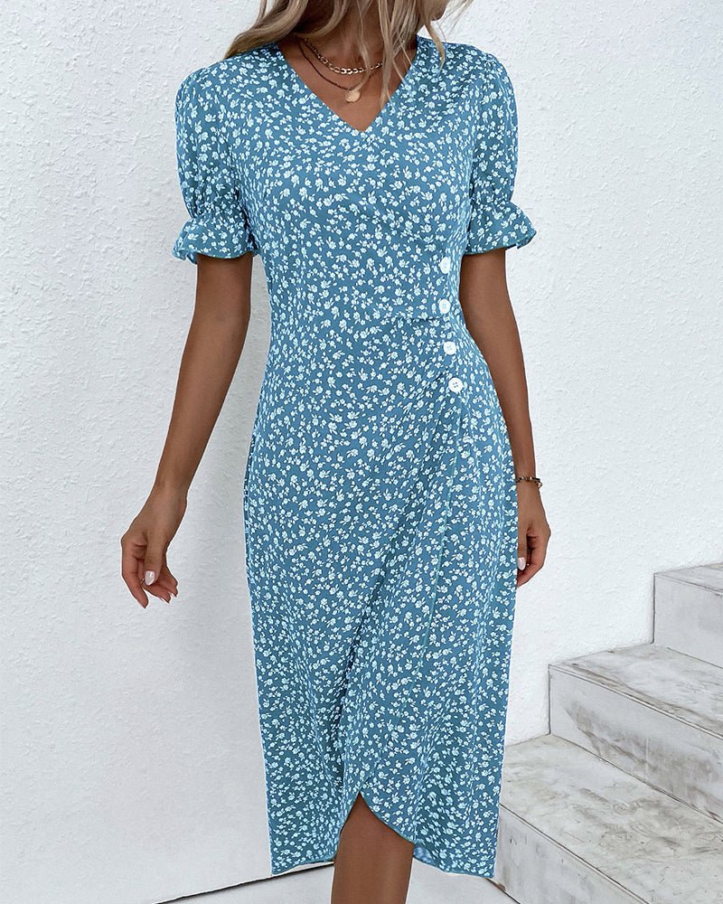 Sophie | Damen Kurzarm Midi Wickelkleid mit V-Ausschnitt und Knöpfen