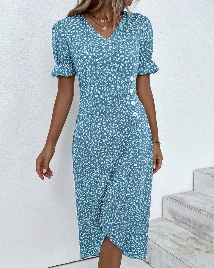 Sophie | Damen Kurzarm Midi Wickelkleid mit V-Ausschnitt und Knöpfen