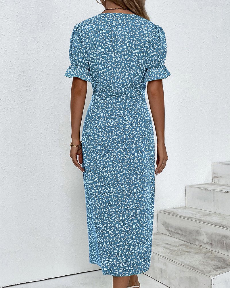 Sophie | Damen Kurzarm Midi Wickelkleid mit V-Ausschnitt und Knöpfen