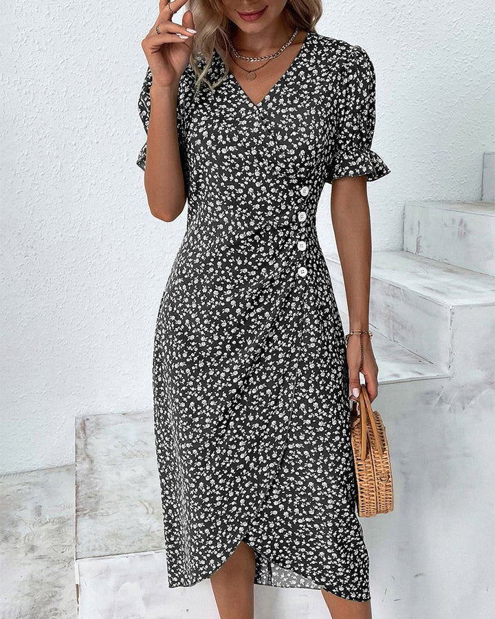 Sophie | Damen Kurzarm Midi Wickelkleid mit V-Ausschnitt und Knöpfen