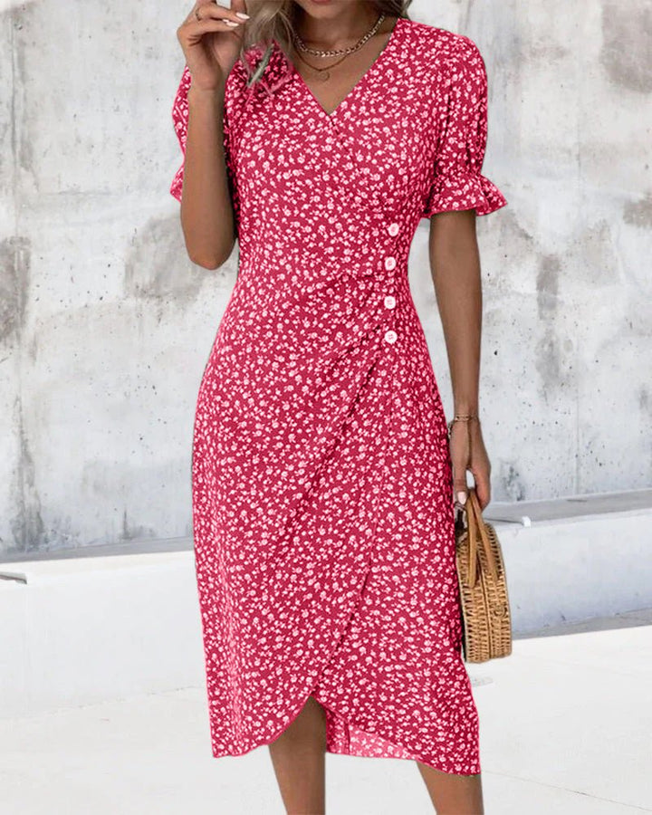 Sophie | Damen Kurzarm Midi Wickelkleid mit V-Ausschnitt und Knöpfen