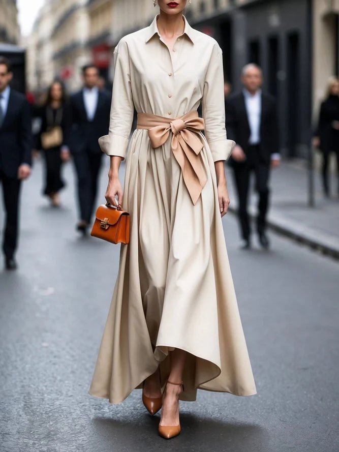 Annika | Damen Langarm Bindegürtel Maxi Hemdblusenkleid