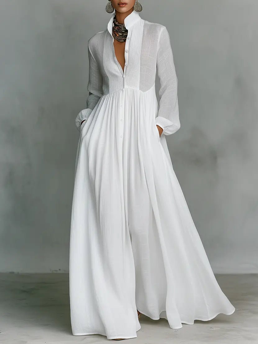 Nora | Damen Leinen-Baumwolle Stehkragen Knopfleiste Maxikleid