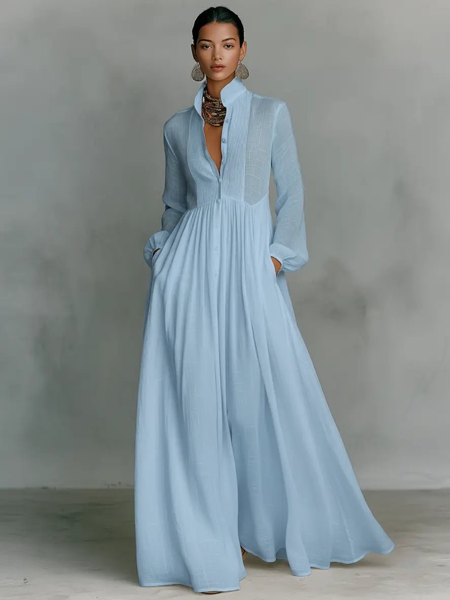 Nora | Damen Leinen-Baumwolle Stehkragen Knopfleiste Maxikleid