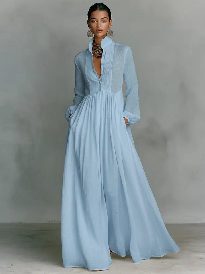 Nora | Damen Leinen-Baumwolle Stehkragen Knopfleiste Maxikleid