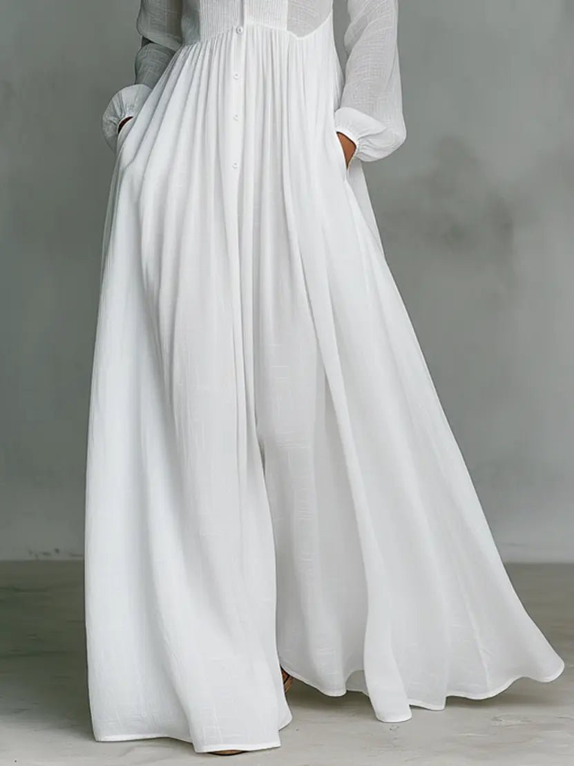 Nora | Damen Leinen-Baumwolle Stehkragen Knopfleiste Maxikleid