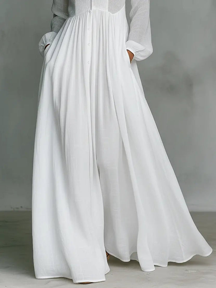 Nora | Damen Leinen-Baumwolle Stehkragen Knopfleiste Maxikleid