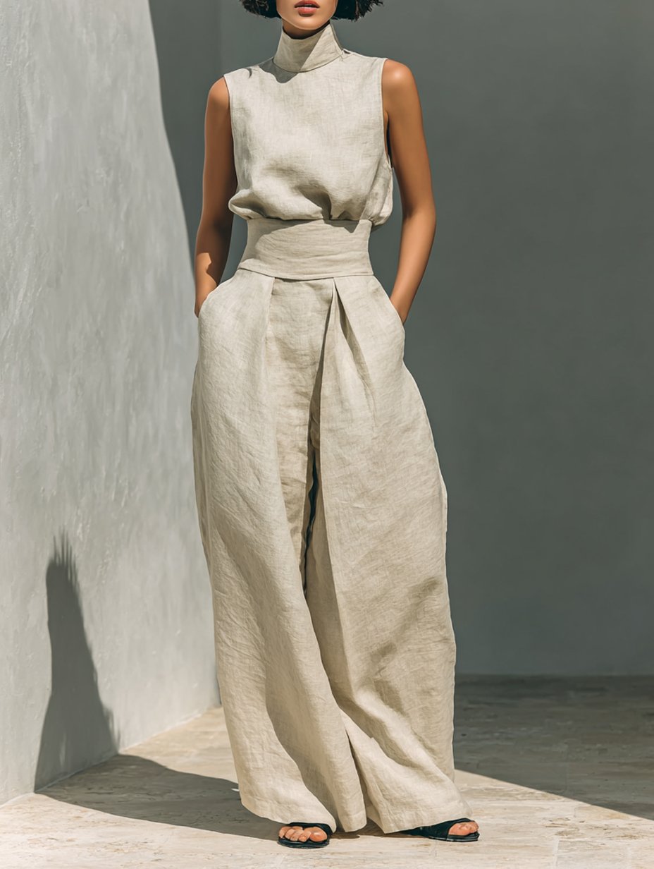 Sophie | Damen Leinen-Baumwolle Zweiteiliges Set Ärmellose Bluse Weite Hose