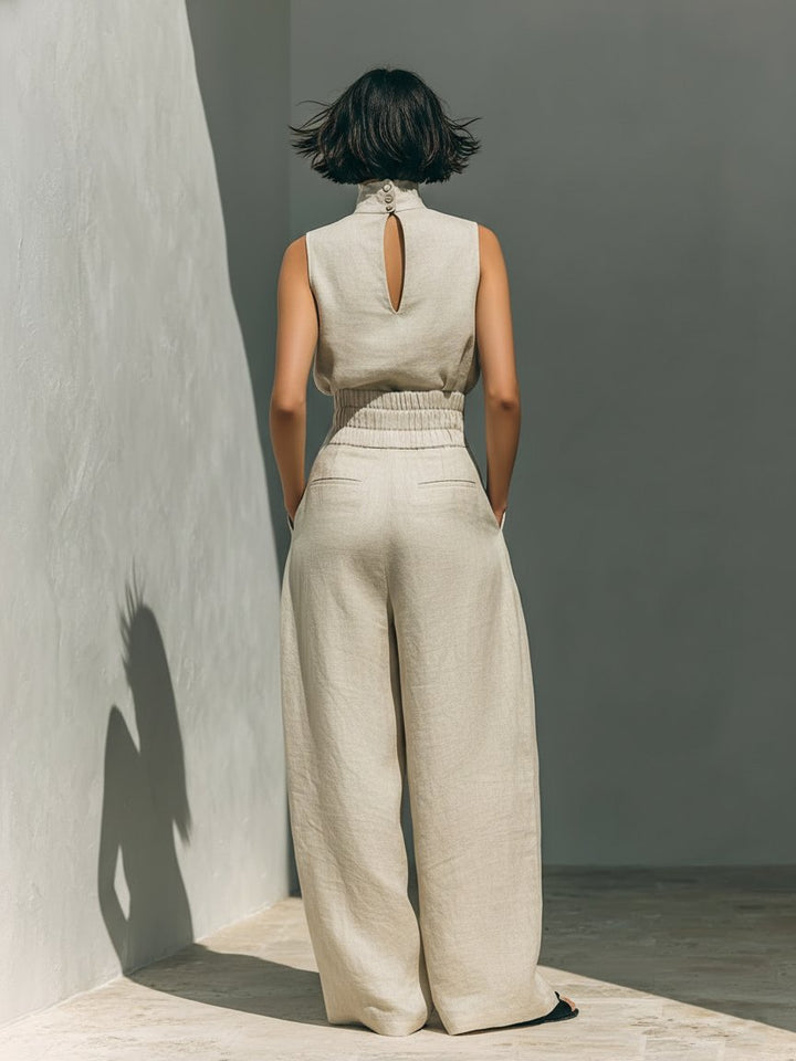 Sophie | Damen Leinen-Baumwolle Zweiteiliges Set Ärmellose Bluse Weite Hose