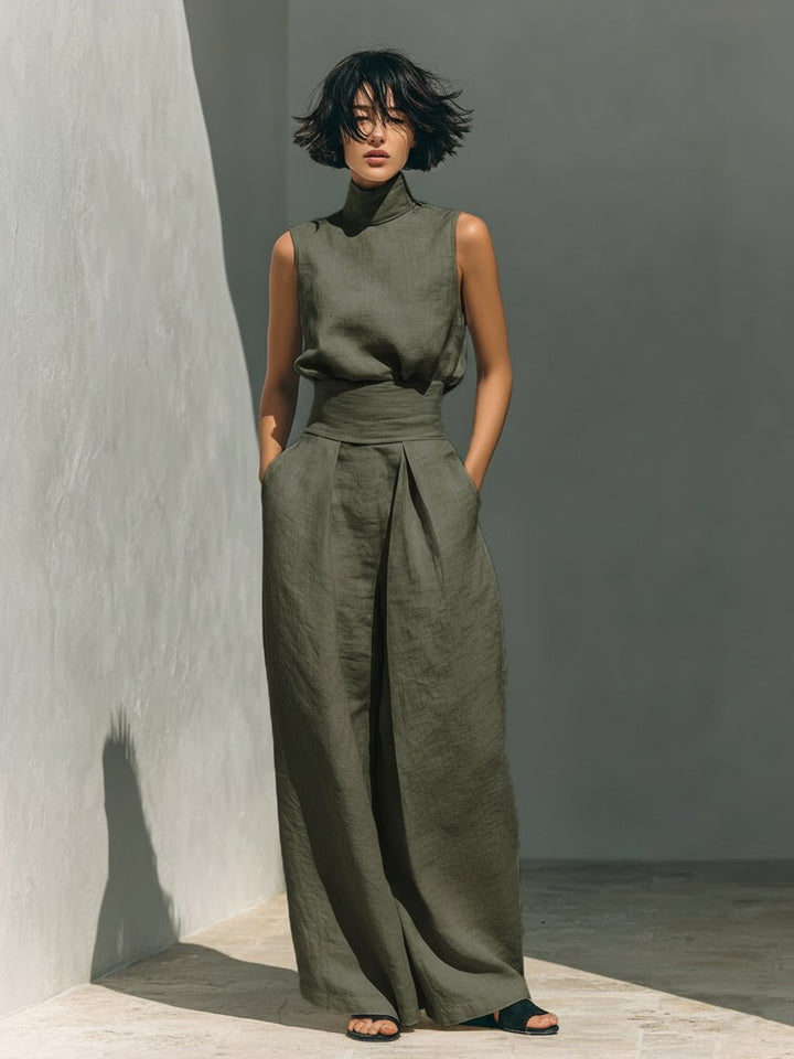 Sophie | Damen Leinen-Baumwolle Zweiteiliges Set Ärmellose Bluse Weite Hose