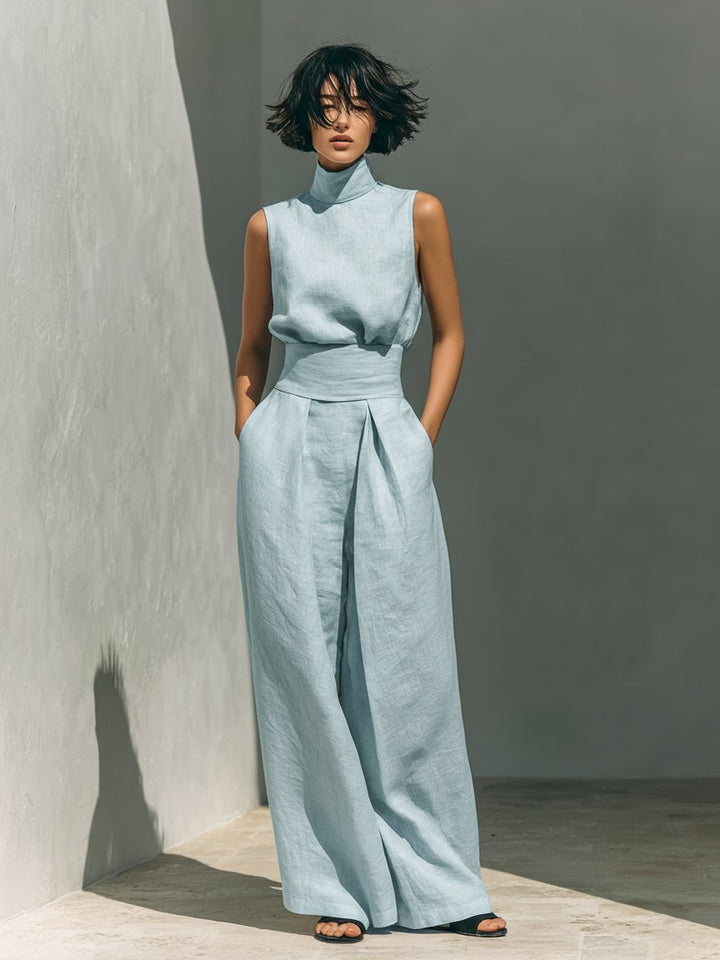 Sophie | Damen Leinen-Baumwolle Zweiteiliges Set Ärmellose Bluse Weite Hose
