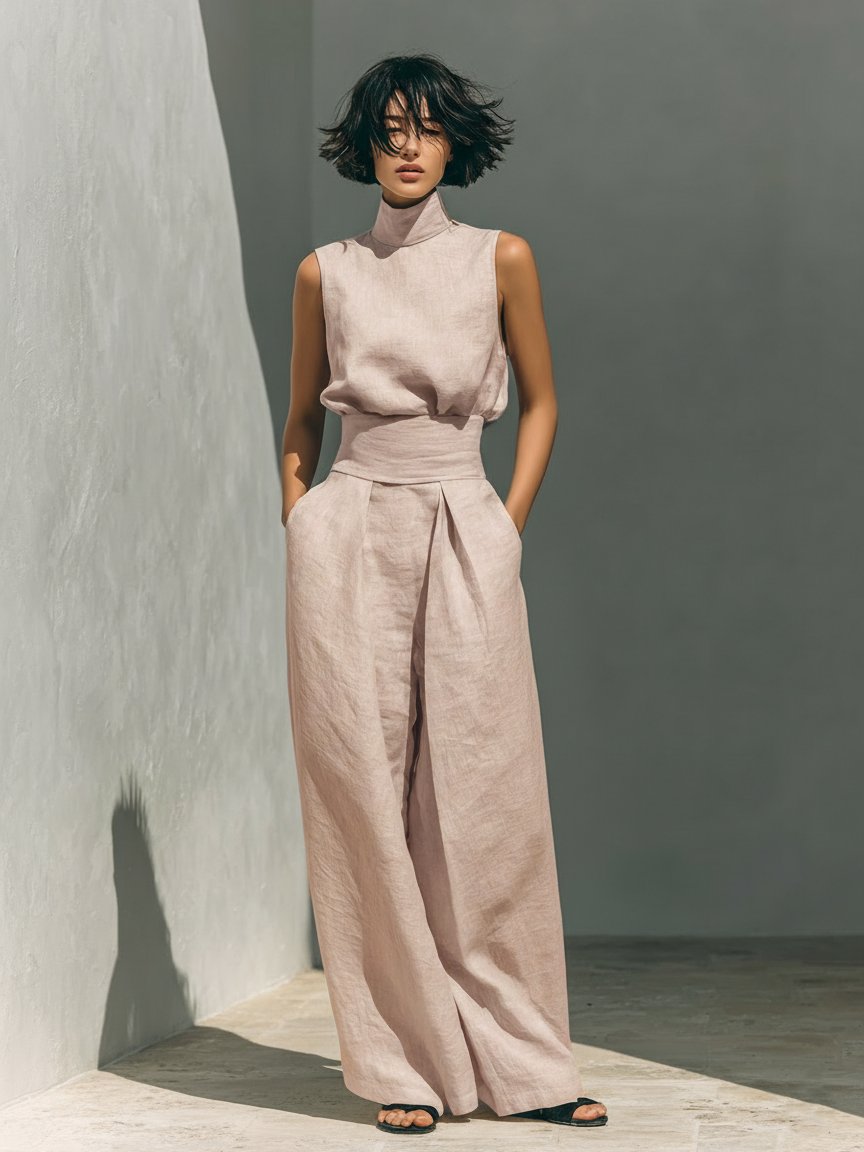 Sophie | Damen Leinen-Baumwolle Zweiteiliges Set Ärmellose Bluse Weite Hose