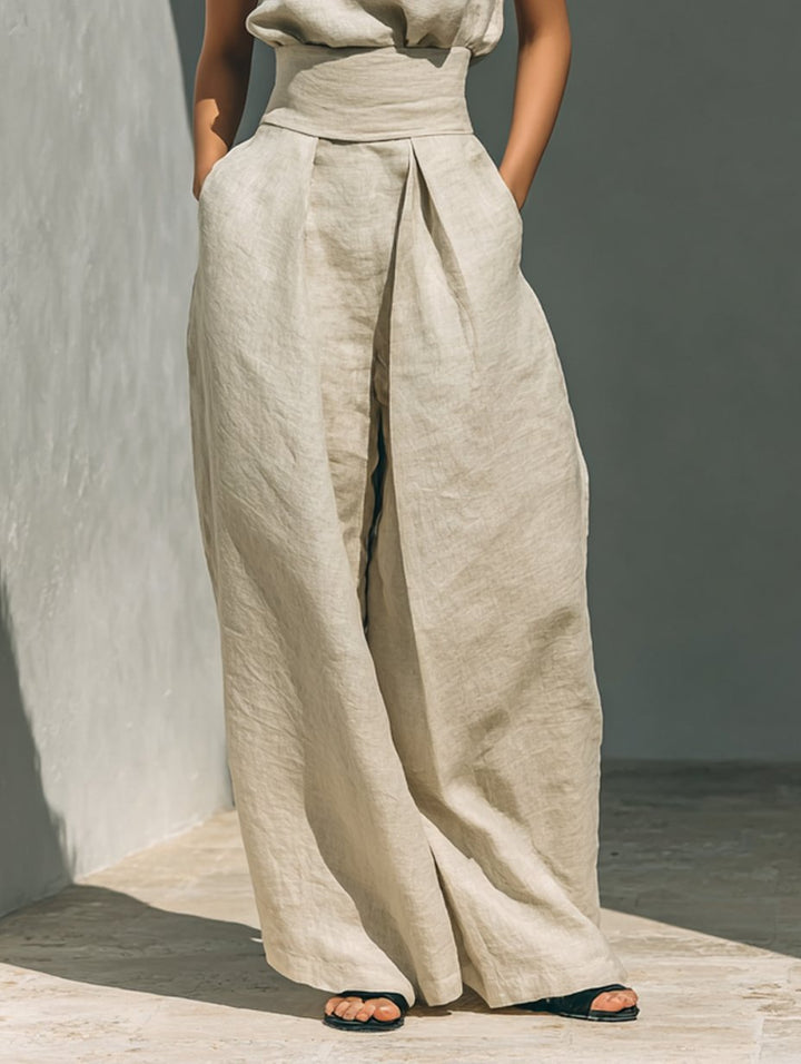 Sophie | Damen Leinen-Baumwolle Zweiteiliges Set Ärmellose Bluse Weite Hose