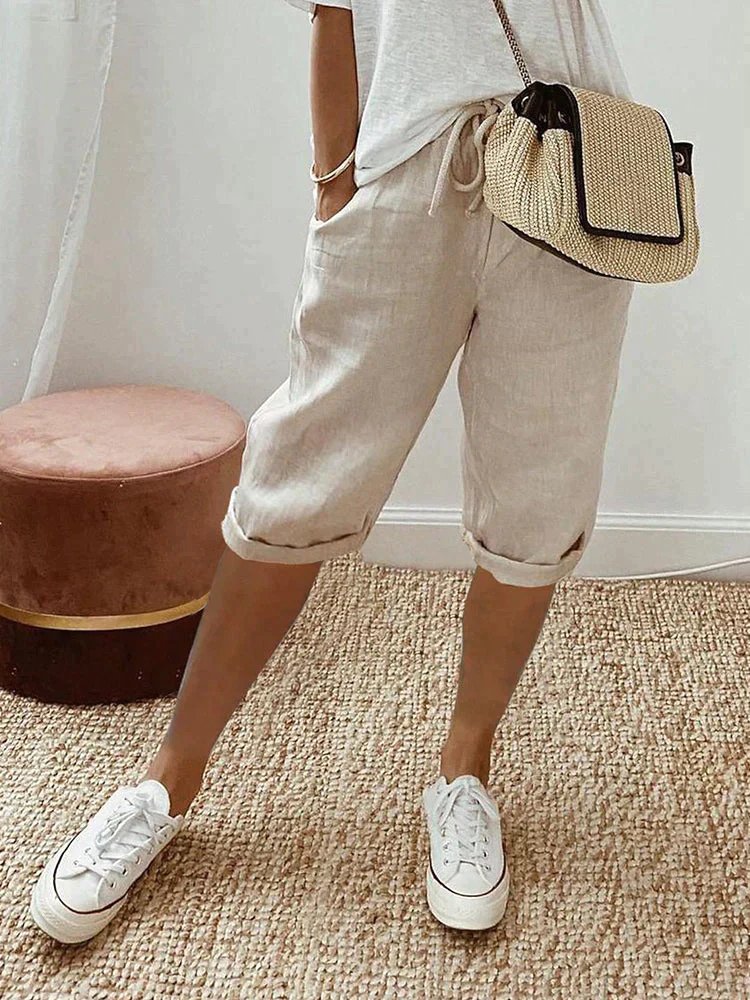Leonie | Damen Leinen Bermuda Shorts mit Kordelzug Cropped