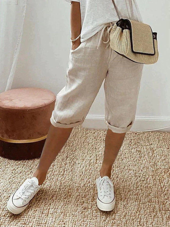 Leonie | Damen Leinen Bermuda Shorts mit Kordelzug Cropped
