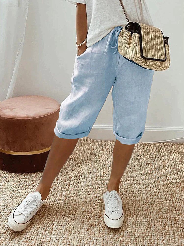 Leonie | Damen Leinen Bermuda Shorts mit Kordelzug Cropped